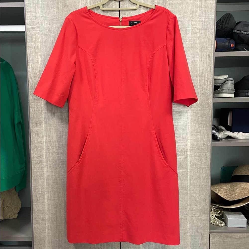 Coral-Pink 3/4-Sleeve Pocketed Work Dress Size 14